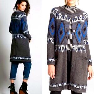 O-7 Free People Long Sweater Duster Wool Blend Size Small Aztec Boho Fair Isle